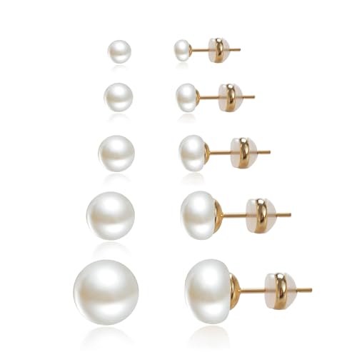 4 Pairs Pearl Stud Earrings Sterling Silver Earring Set | 14K Plated Gold Hypoallergenic Earring stud Large size Round pearl 8mm-14mm Set Earrings for women - style: Flat Round-5 Pairs