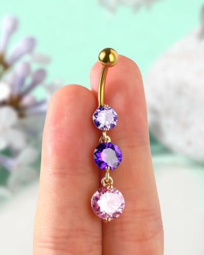 Cute Dangly Opal Belly Button Rings 14g 316L Stainless Steel Dangle Navel Rings for Women Belly Button Piercing Dangling Navel Bar - color: Purple CZ