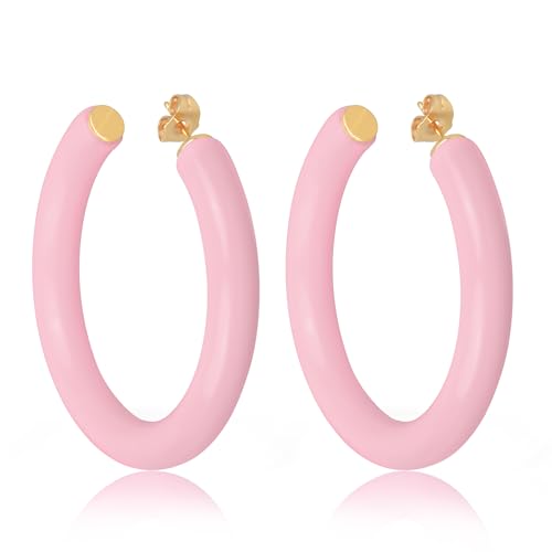 Gold Plated Multicolor Resin Chunky Thick Open Hoop Earrings in 57MM and 37.5MM Diameters - color: Pink - Pastel - Glossy Finish, size: 57MM (2.24") Diameter