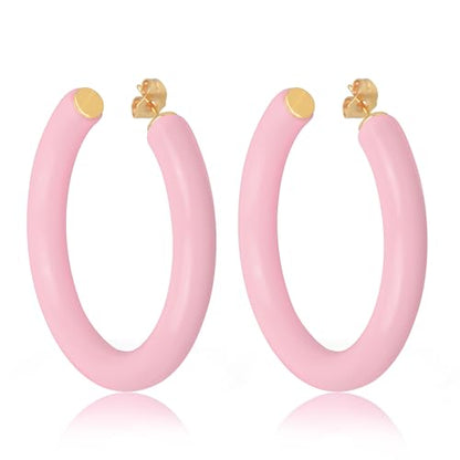 Gold Plated Multicolor Resin Chunky Thick Open Hoop Earrings in 57MM and 37.5MM Diameters - color: Pink - Pastel - Glossy Finish, size: 57MM (2.24") Diameter