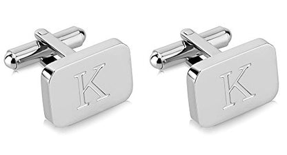 18K White-Gold Plated Initial Engraved Stainless Steel Men’s Cufflinks With Gift Box -Personalized Alphabet Letter’s A-Z By Lux & Pair - style: K- White Gold
