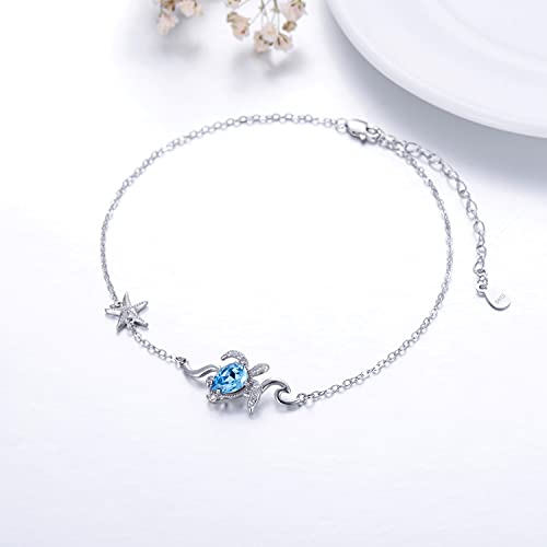 925 Sterling Silver Anklet Foot Bracelet with Crystal from Austria, Anklet Jewelry Gifts for Women 11 Inch Adjustable - style: B-Sea Turtle