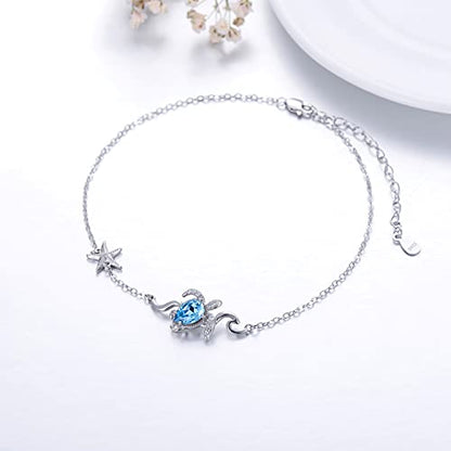 925 Sterling Silver Anklet Foot Bracelet with Crystal from Austria, Anklet Jewelry Gifts for Women 11 Inch Adjustable - style: B-Sea Turtle