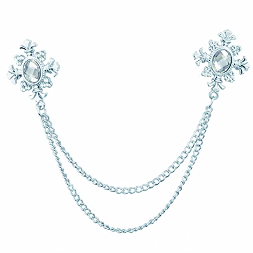 Elegant Cross With Hanging Chain Brooch Gold Silver Plated Oval Crystal Rhinestone Corsage Tassel Chain Suit Jacket Brooch Pin for Men Husband Gifts - color: silver+white