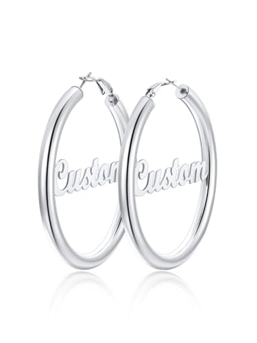 FindChic Hoop Earrings for Women, Silver/Black/14K Gold Plated Hypoallergenic Hollow Round Tube Loop Earrings, 20mm/30mm/40mm/60mm/80mm Chunky Hoops with Custom Name Options & Gift Box - color: e.Silver (Custom Name), size: 60MM