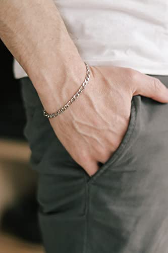 Silver tone chain bracelet for men, flat cable Figaro chain, waterproof stainless steel, custom size gift for him, minimalist subtle jewelry