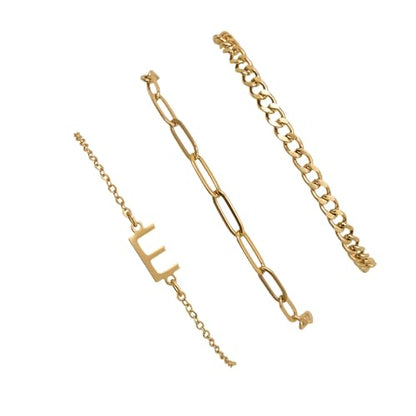 3PCS Gold Bracelet Set for Women, 14K Gold Plated Initial Letter Jewelry, Layered Paperclip and Cuban Chain Stack, Adjustable Stainless Steel Gift - style: Initial-E