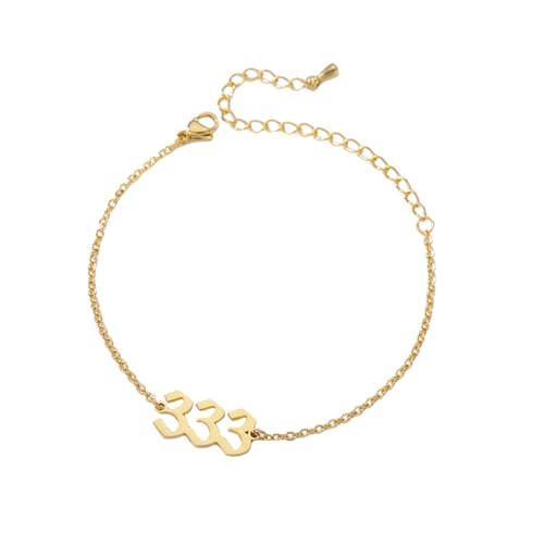 PAURO Women's Angel Number Bracelet Ankle Anklet Chain Adjustable | Stainless Steel, Minimalist Numerology Spiritual Statement Jewelry Gift - color: Gold 333, 5.5+2.8inch