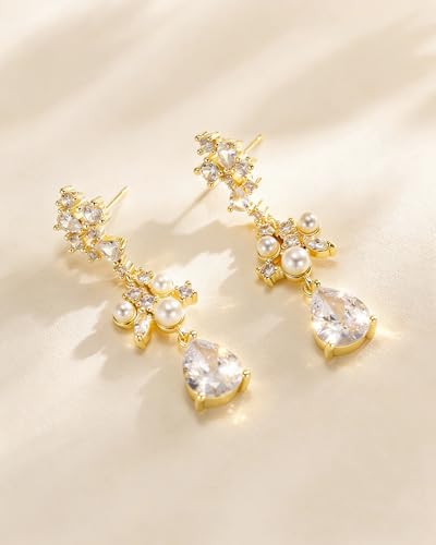 Pearl Earrings - 14K Gold/White Gold/Rose Gold Plated Cubic Zirconia CZ Diaomond Accented Pearl Drop Dangle Earrings for Women Wedding Bridal Prom - color: Gold Teardrop Design