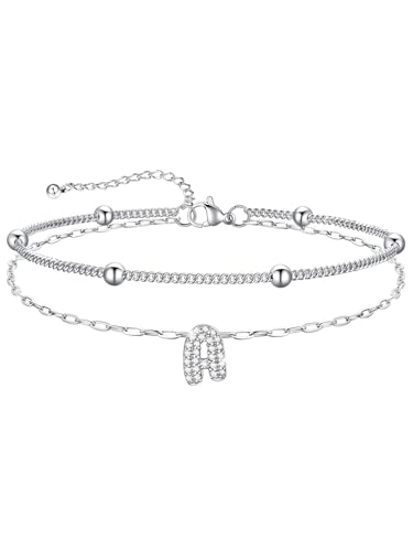 U7 Initial Ankle Bracelets for Women Silver/Gold Anklets Waterproof, 14K Gold Plated Layered Anklets Bracelet Stainless Steel Hypoallergenic 8.5"-10.5" - color: Silver-CZ, size: A