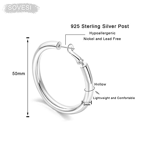 sovesi Chunky Hoop Earrings for Women, 14K Gold Plated Thick Hoops | 5mm Thick Hollow Tube Chunky Lightweight Hypoallergenic Hoop Earrings for Women - style: Silver 50MM