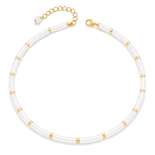 Natural Heishi Gemstone Choker Necklace for Women, Adjustable 15"+2" Beaded Layering Necklace, Coastal Beach Jewelry Gift for Her - color: Clear Quartz