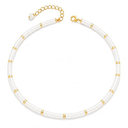 Natural Heishi Gemstone Choker Necklace for Women, Adjustable 15"+2" Beaded Layering Necklace, Coastal Beach Jewelry Gift for Her - color: Clear Quartz