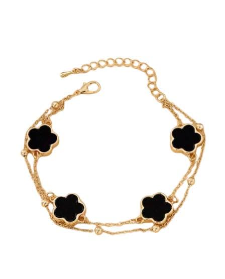 Gold-Tone Double Layer Clover Charm ankle Bracelet, black stone, Adjustable - color: black