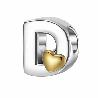 A~Z Alphabet Charm Letter Beads 925 Sterling Silver with Heart-shaped 5A Cubic Zircon Stones fits Pandora European Bracelets Necklace Jewelry Gift for Women - style: D Letter Charms