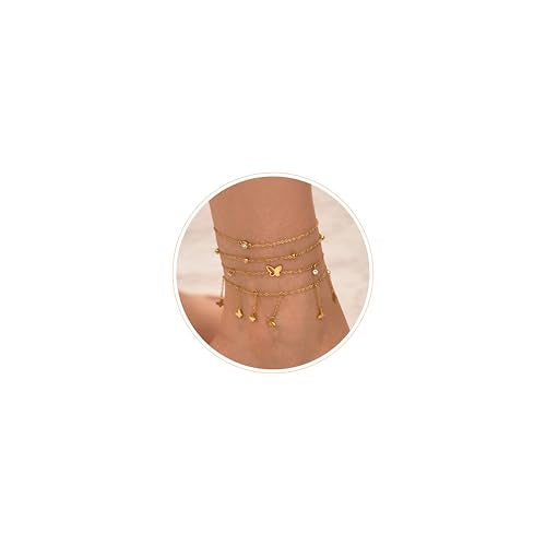 LOFITOR Anklets for Women Ankle Bracelet Charm Link Chain Set Foot | Waterproof Dainty Cz Evil Eye Beaded Anklets Adjustable Beach Foot Jewelry Feet Chains, Summer Beach Foot Jewelry Gifts - style: Butterfly Gold