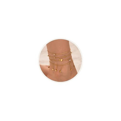 LOFITOR Anklets for Women Ankle Bracelet Charm Link Chain Set Foot | Waterproof Dainty Cz Evil Eye Beaded Anklets Adjustable Beach Foot Jewelry Feet Chains, Summer Beach Foot Jewelry Gifts - style: Butterfly Gold