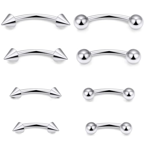 14G Snake Eyes Piercing Jewelry Tongue Curved Barbell Surgical Steel Belly Button Ring Eyebrow Piercing Jewelry Vertical Labret Lip Jewelry for Women Men Bar Length 8mm 10mm 12mm 14mm - color: 8pcs,14g,ball+spike,silvertone
