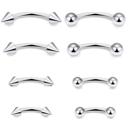 14G Snake Eyes Piercing Jewelry Tongue Curved Barbell Surgical Steel Belly Button Ring Eyebrow Piercing Jewelry Vertical Labret Lip Jewelry for Women Men Bar Length 8mm 10mm 12mm 14mm - color: 8pcs,14g,ball+spike,silvertone