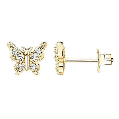 PAVOI 14K Gold Plated Dainty Stud Earrings for Women, CZ Earring Piercing | Hypoallergenic Earrings with 925 Sterling Silver Posts, Bolt, Moon, Star & Flower Celestial Studs with Cubic Zirconia - style: Butterfly