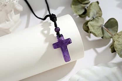 QINJIEJIE Cross Crystal Necklace Adjustable Black Rope Natural Gemstone Quartz Stone Necklaces for Men Women Father's Day Gift - color: Purple - Amethyst