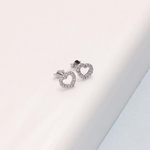 LeCalla 925 Sterling Silver CZ Stud Earrings for Women | Cubic Zirconia Halo & Heart Stud Earring | Rhodium-Plated Silver Jewelry for Her Mom Wife - color: Open Heart Studs