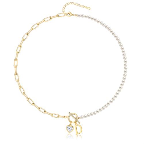 Initial Pearl Necklace for Women, 14K Gold Plated Paperclip Chain | Toggle Clasp, Heart CZ Initial Necklace,Gold Necklace for Women,Bridesmaid Wedding Gifts Jewelry - color: Gold-D