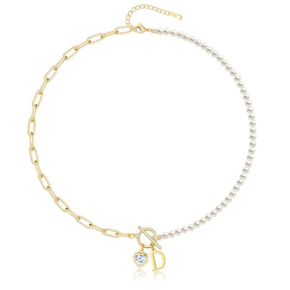 Initial Pearl Necklace for Women, 14K Gold Plated Paperclip Chain | Toggle Clasp, Heart CZ Initial Necklace,Gold Necklace for Women,Bridesmaid Wedding Gifts Jewelry - color: Gold-D