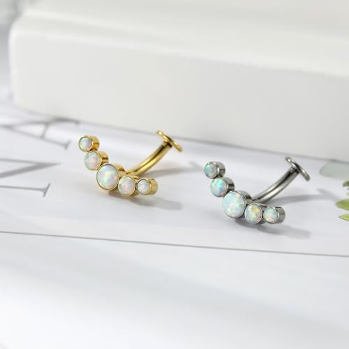 G23 Titanium Belly Jewelry 14G Flat Bottom Floating Belly Button Rings Curved Belly Barbell Navel Ring Belly Piercing 8/10/12/14mm Navel Rings Belly Piercings Jewelry for Women - color: Style5:Gold,5 Round White Opal