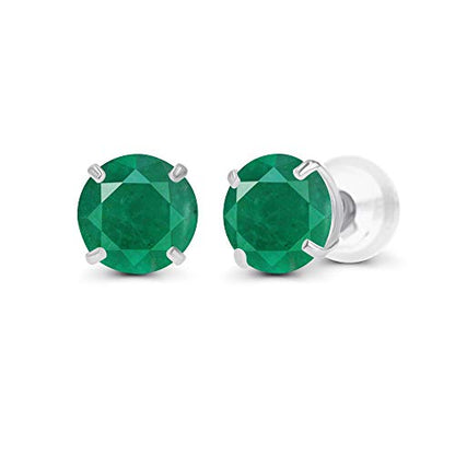 Solid 14K Yellow, White or Rose Gold 4mm Round Genuine Gemstone Birthstone Prong Set Stud Earrings For Women - color: Emerald