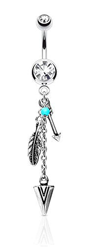Forbidden Body Jewelry Surgical Steel Tribal Feather and Arrow Charms Synthetic Turquoise Dangle Belly Ring - color: Clear