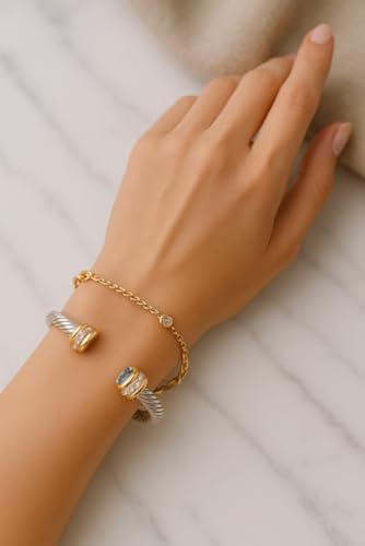 Birthstone Cable Cuff Bracelet for Women - Adjustable Open Cuff, Two-Tone Gold & Silver Twisted Bangle, Classic Stackable Jewelry Gift - color: Ruby