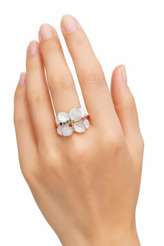 18K Rose Gold Plated Flower Ring, Iridescent Mother of Pearl & Rainbow CZ Petals, Elegant Floral Cocktail Statement Ring R79