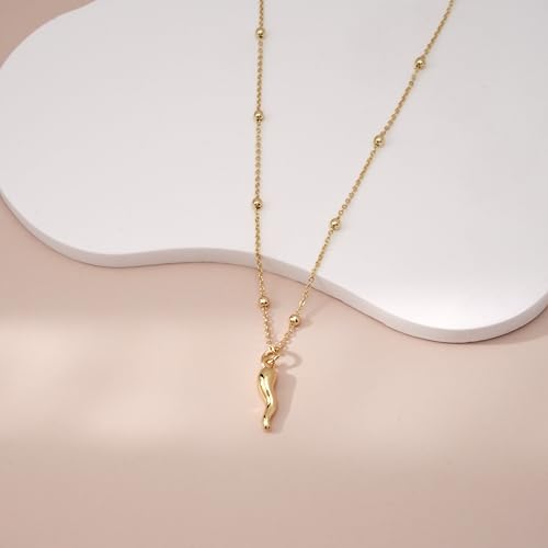 Gold Silver Necklace for Women, Dainty Cubic Zirconia Pendant | Teardrop CZ Charm, 14K Gold/Sterling Silver Plated, Adjustable Chain, Hypoallergenic & Waterproof Jewelry, Cute Trendy Gift - color: Gold-Italian horn/ball chain