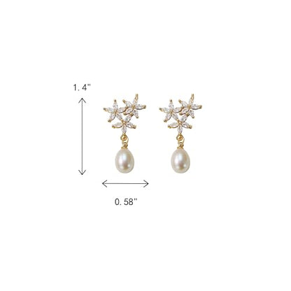 Crysdue Simulated Pearl Earrings for Women, Dainty Silver/Gold/Rose Gold Plated Cubic Zirconia Drop Dangle Earrings Wedding Jewelry for Bride Bridesmaid - style: M_CZ+ pearl, Gold