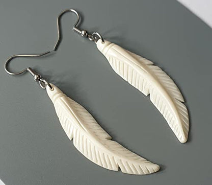 Hand Carved Bone Feather Dangle Drop Boho Tribal Earrings FA026 | Handcrafted 2.4" Feather Authentic Ox Bone Earrings, Handmade Lightweight Bohemian Tribal Fashion Jewelry Gift for Women