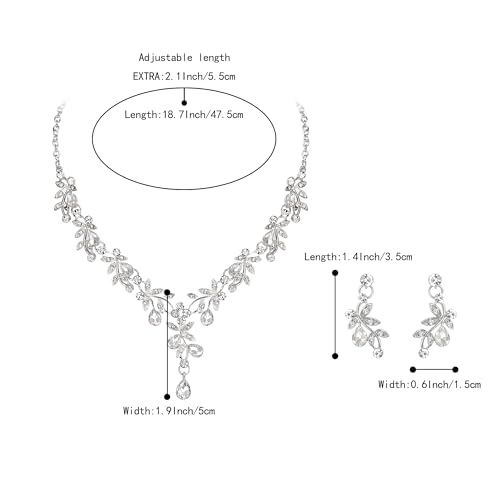 BriLove Wedding Jewelry Set for Women Bride, Y-Necklace Dangle Earrings Crystal Teardrop Leaf Flower Cluster Bridal Bridesmaid - color: 01-Clear