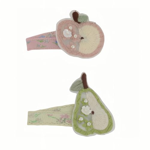 Fruit Shaped Embroidered Fabric Hair Clips, Bohemian Floral Faux Pearl Decorated Boho Barrettes, Soft Creaseless Green Pink Pastoral Retro Hair Accessories for Women Daily Casual Party Wear