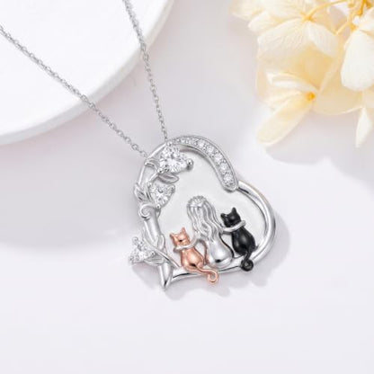 Heart Animal Necklace 925 Sterling Silver Cute Animal Pendant Jewelry Birthday Gifts for Women Girlfriend Mom Animal Lovers - style: 1-6 Two Cat