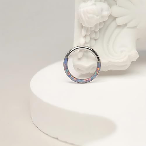 Opal Septum Jewelry Surgical Steel Septum Ring Daith Rook Tragus Earring | Hinged Segment Nose Hoop Ring,Hypoallergenic Septum Piercings for Women,Conch Cartilage Helix Jewelry,Diameter 6mm to 10mm - color: Silver,Purple Opal, size: 14G 8mm