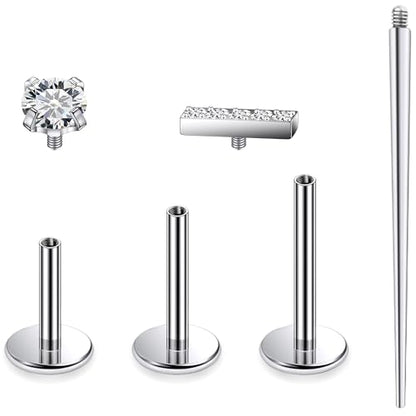 Titanium Flat Back Lip Rings Internally Threaded Earrings Studs Nose Rings 16G Cross Curve Stripe Tragus CZ Cartilage Lobe Rook Helix Conch Labret Medusa Piercing Jewelry for Women Men - style: Stripe