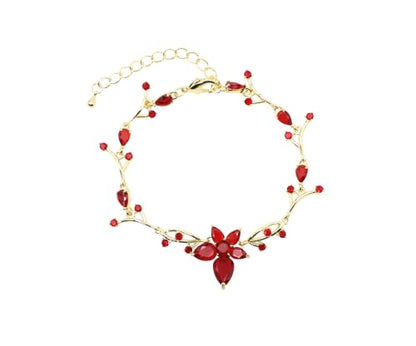 Faship Gorgeous CZ Crystal Floral Necklace Earrings Set - color: Red / 14K gold plated / Matching Bracelet