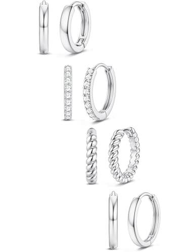 Jstyle Small Gold Hoop Earrings for Women Hypoallergenic Earring Stacks | 4 Pairs Huggie Hoop Earrings, Cartilage Earring Set for Sensitive Ears, Comfort Waterproof Earrings, Ideal Jewelry Gift - color: Silver Style1