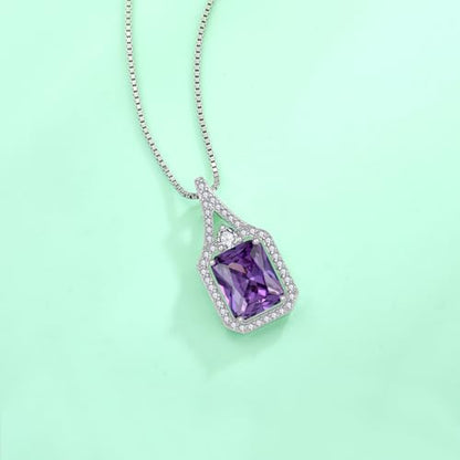 Created Gemstone Necklace 925 Sterling Silver Halo Rectangular Pendant Birthstone Necklaces Jewelry Gifts for Women - color: 02 February - Amethyst