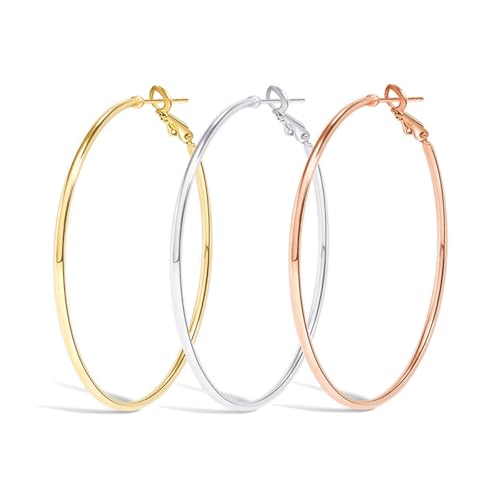 Cocadant Big Gold Hoop Earrings for Women Girls,Dainty 14k Gold Hypoallergenic Rose Gold Silver Hoop Earrings with 925 Sterling Silver Post,Stainless Steel Large Hoop Earrings - style: 60mm-Gold,Silver and Rose gold