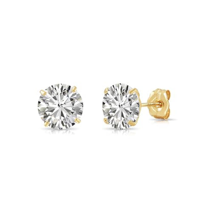14k Yellow Gold Solitaire Round Cubic Zirconia Stud Earrings - Pushbacks - style: 7mm