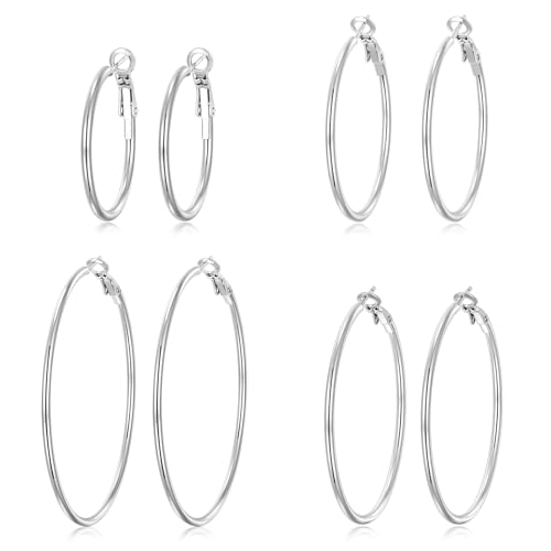 4 Pairs Silver Gold Hoop Earrings for Women | 14K Gold Plated Hoop Earrings Set Hypoallergenic Earring Lightweight Dangle Earrings Set - color: 4 Pairs Silver-30/40/50/60mm