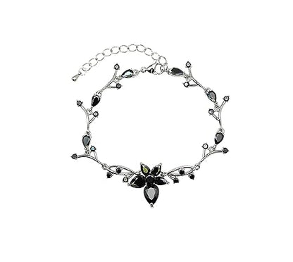 Faship Gorgeous CZ Crystal Floral Necklace Earrings Set - color: Black / Matching Bracelet