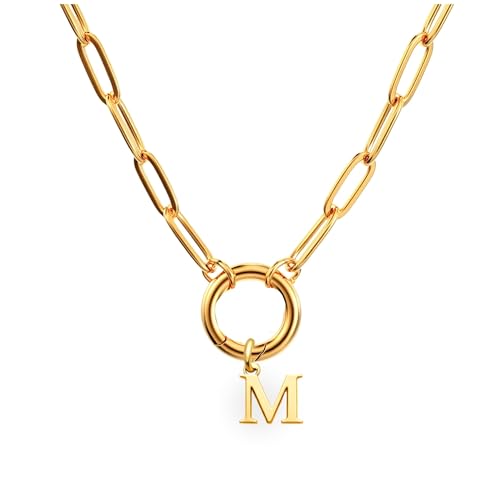Paperclip Chain Carabiner Initial Charm Holder Necklace by Ginger Lyne | 18K Gold-Plated or Silver Tone Paperclip Chain with Carabiner Charm Holder, Adjustable 18-20 Inch, A-Z Initial Pendant - color: Gold-M