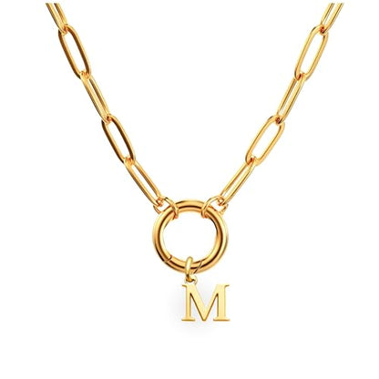 Paperclip Chain Carabiner Initial Charm Holder Necklace by Ginger Lyne | 18K Gold-Plated or Silver Tone Paperclip Chain with Carabiner Charm Holder, Adjustable 18-20 Inch, A-Z Initial Pendant - color: Gold-M